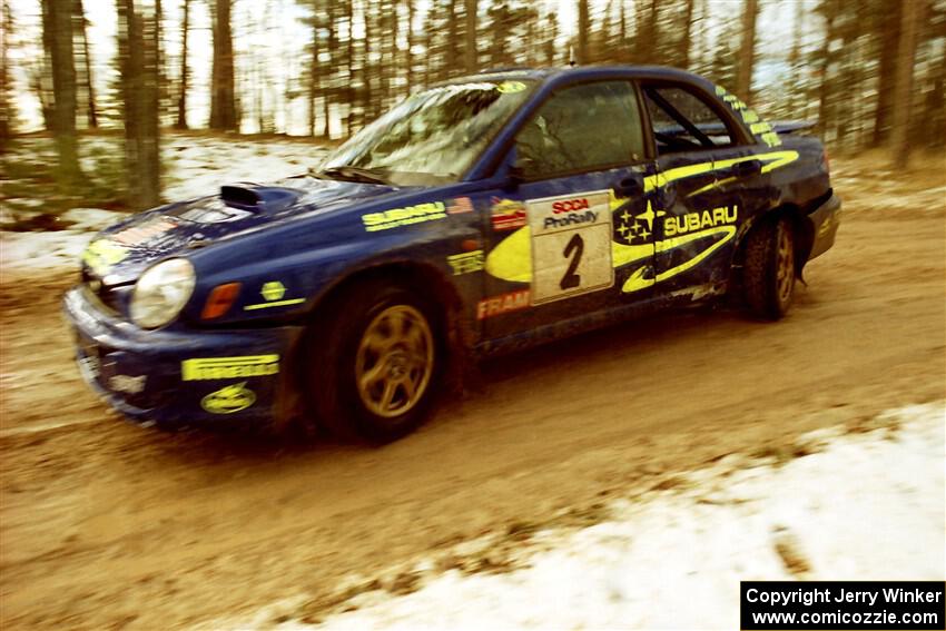 Ramana Lagemann / Mike Kidd Subaru WRX on SS2, Ranch I, shortly after hitting a tree.