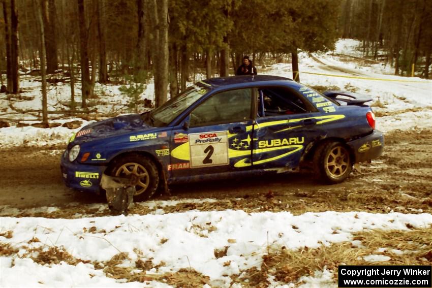 Ramana Lagemann / Mike Kidd Subaru WRX on SS2, Ranch I, shortly after hitting a tree.
