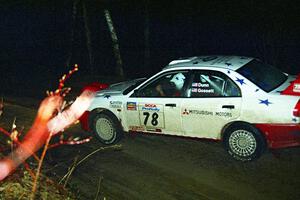 Paul Dunn / Pete Gossett Mitsubishi Lancer Evo IV at the flying finish of SS6, Refuge Road.