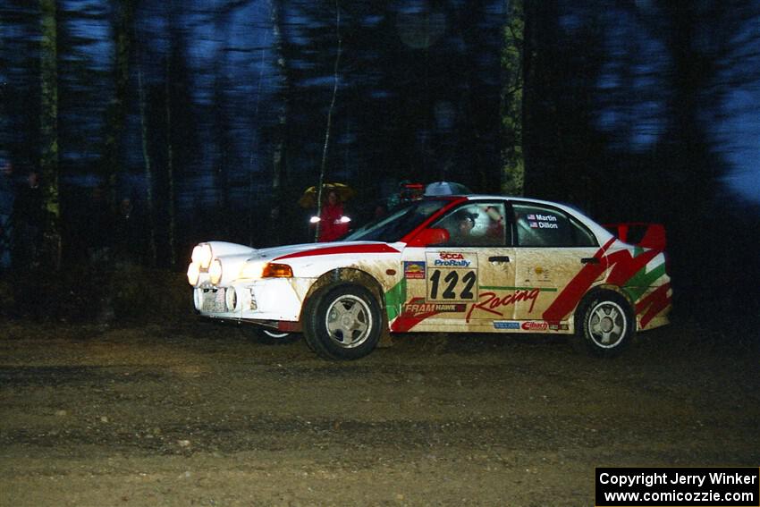 Dennis Martin / John Dillon Mitsubishi Lancer Evo IV at the spectator corner on SS4, Blue Trail.