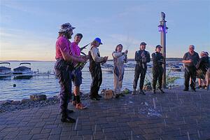 The Overall podium ceremonial champagne spray.