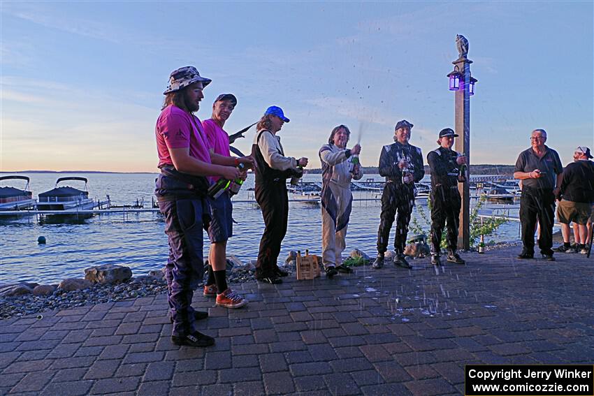 The Overall podium ceremonial champagne spray.