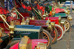 Cars lined up on display at the finish.
