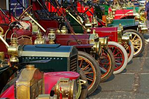 Cars lined up on display at the finish.