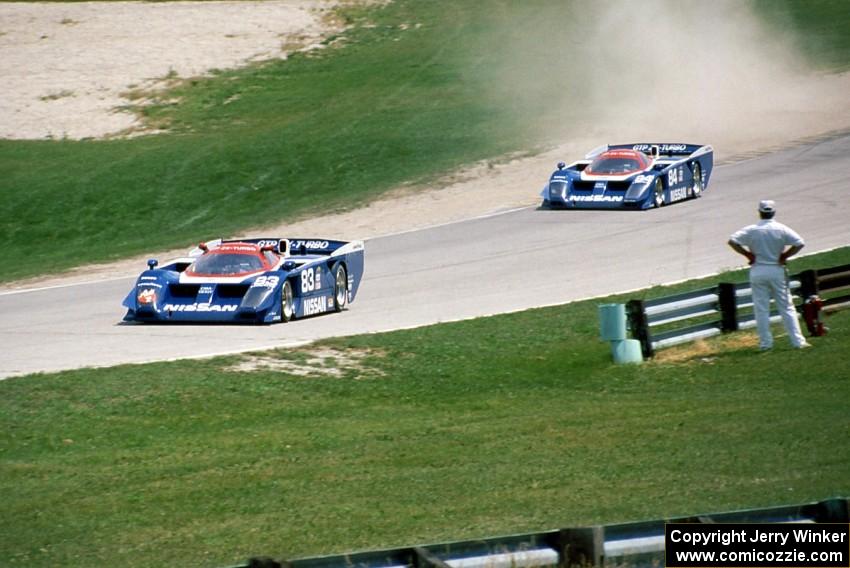 (83) Geoff Brabham / Chip Robinson leads the team car (84) Geoff Brabham / Chip Robinson / Don Devendorf Nissan GTP ZX-T in prac