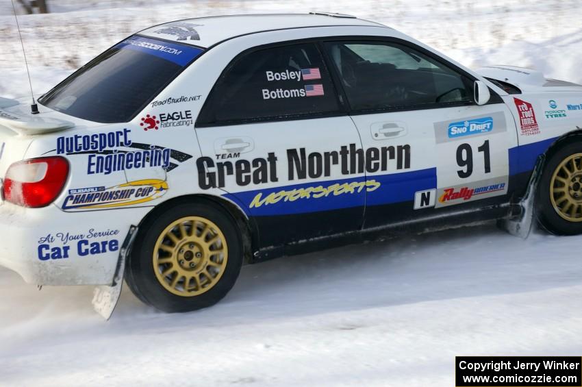 Jonathan Bottoms / Carolyn Bosley Subaru WRX at a 90-left on the first stage of day two of the rally.