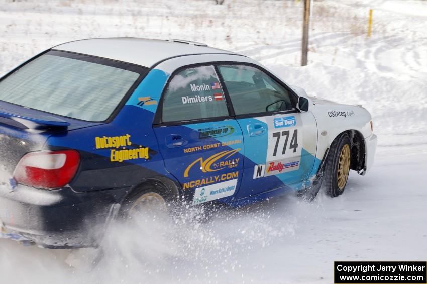 Otis Dimiters / Peter Monin Subaru WRX STi on the first stage of day two of the rally.