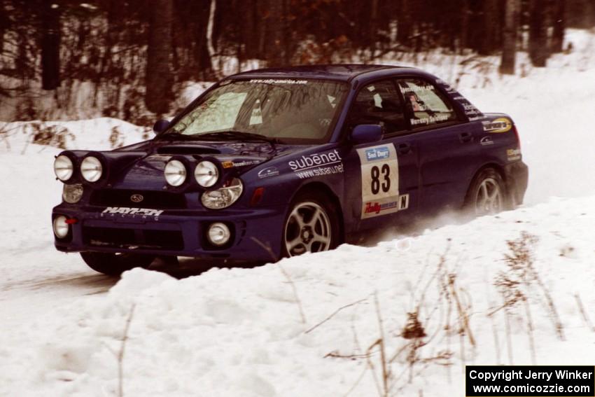 The Mark Utecht / Rob Bohn Subaru WRX sets up for a hard-right near the end of day two of the rally.