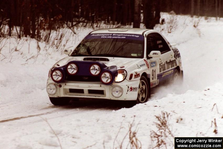 The Jonathan Bottoms / Carolyn Bosley Subaru WRX sets up for a hard-right near the end of day two of the rally.