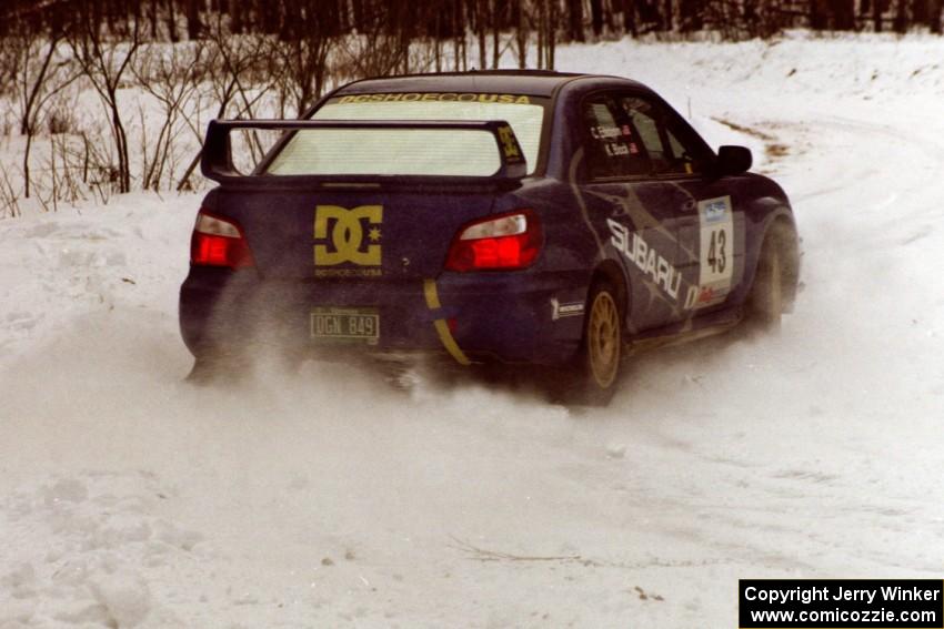 The Ken Block / Christian Edstrom Subaru WRX STi powers out a hard-right near the end of day two of the rally.