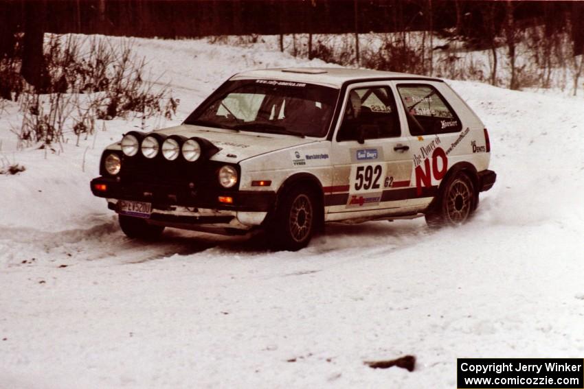 The Justin Pritchard / Kim DeMotte VW Golf exits a hard-right near the end of day two of the rally.