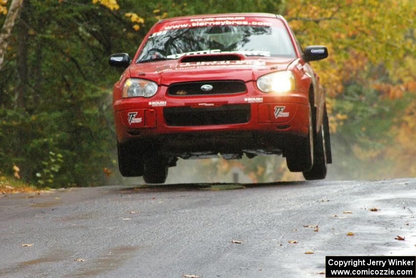 John Cirisan / Josh Hamacher Subaru WRX catches nice air at the midpoint jump on Brockway, SS10.