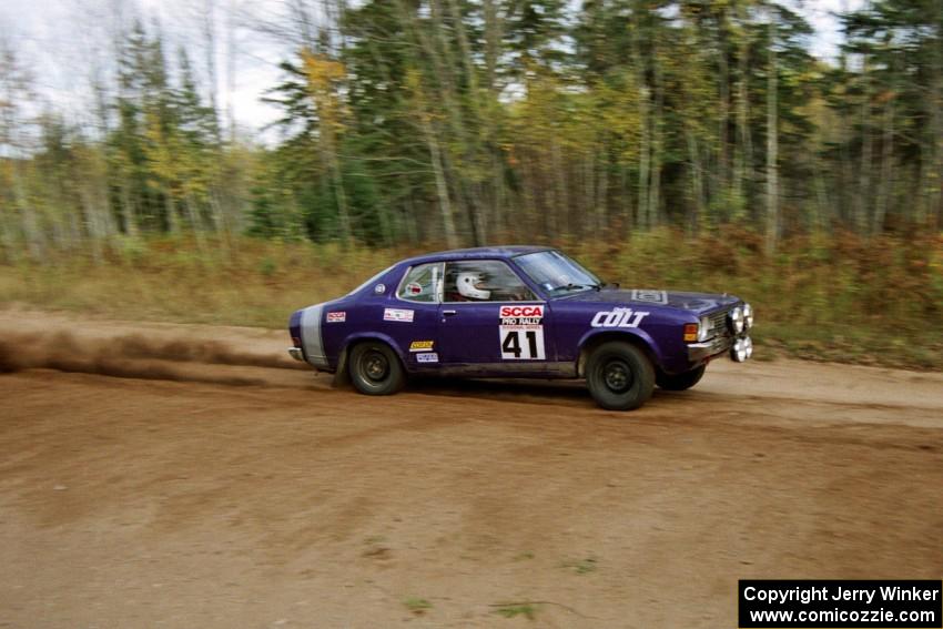 Scott Radabaugh / Marlena Baerkircher drift their Dodge Colt through the first corner of Menge Creek I.