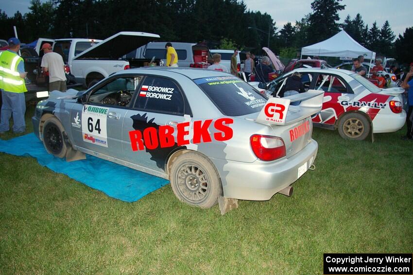 Robert Borowicz / Mariusz Borowicz Subaru Impreza WRX Sti alongside the Greg Drozd / John Nordlie Subaru WRX at Akeley service.