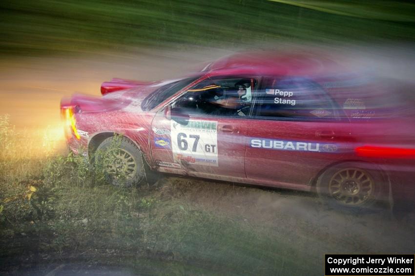 Bryan Pepp / Jerry Stang at speed on SS16 in their Subaru WRX.