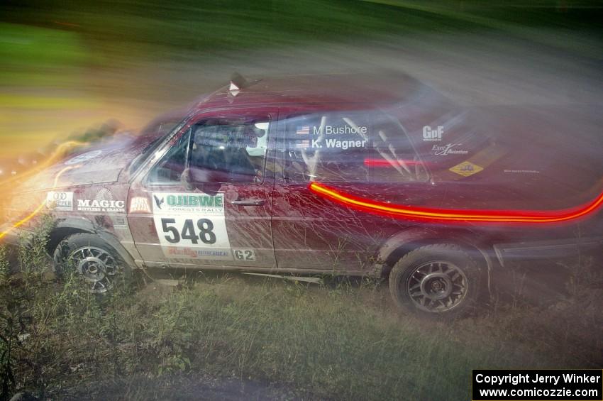 Matt Bushore / Karen Wagner at speed through a 90-right on SS16 in their VW Jetta.