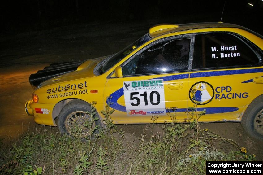 Mike Hurst / Russ Norton Subaru Impreza at a sharp corner on SS16.