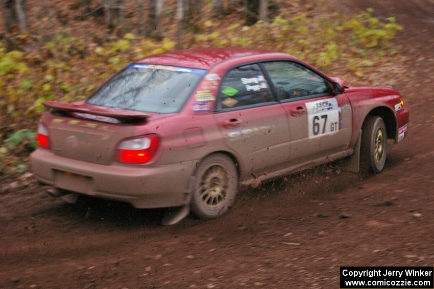 Bryan Pepp / Jerry Stang Subaru WRX at the first corner of SS15, Gratiot Lake 2.