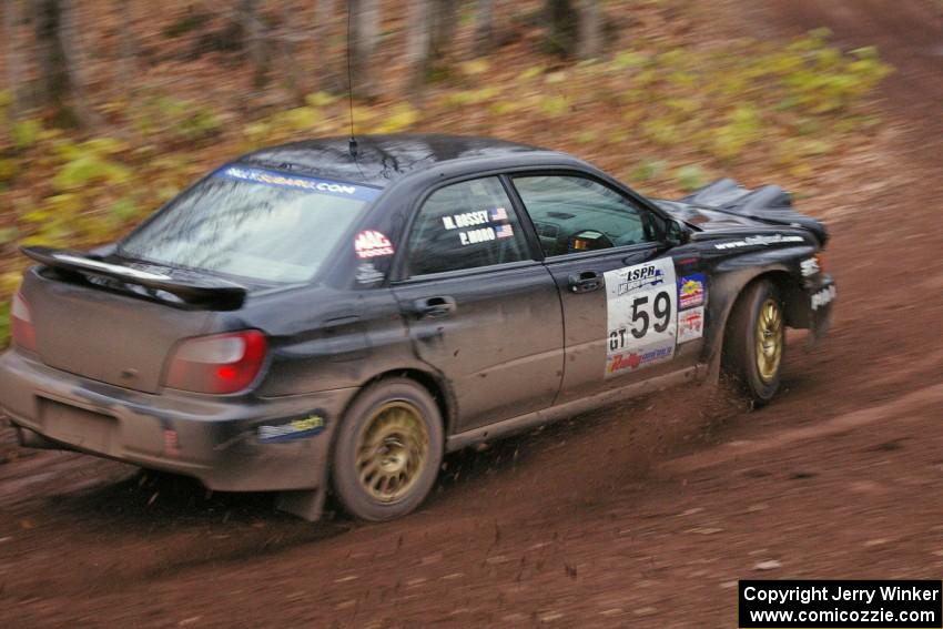 Pat Moro / Mike Rossey at speed at the first corner of SS15, Gratiot Lake 2, in their Subaru WRX.